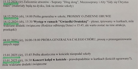 Koncerty kolęd z udziałem chóru- informacje dla chórzystów